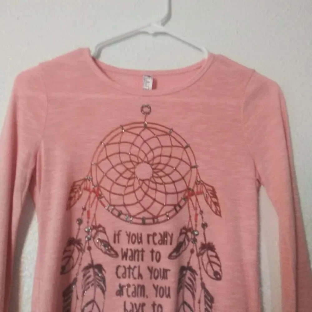 Beautees girl's size L pink and gray long sleeve blouse
